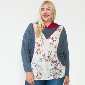 Plus Size Ivory Floral Spring Long Sleeve Hoodie Top with Print Contrast